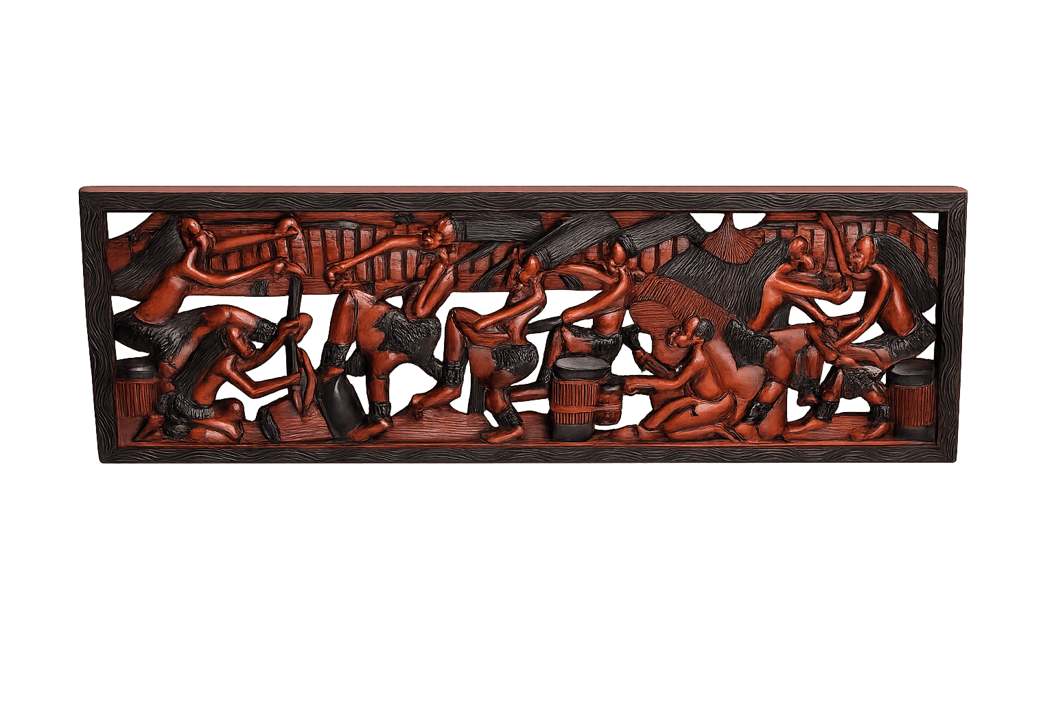 Handcrafted African mahogany wall panel with deeply carved figures and village scenes, rich dark wood grain