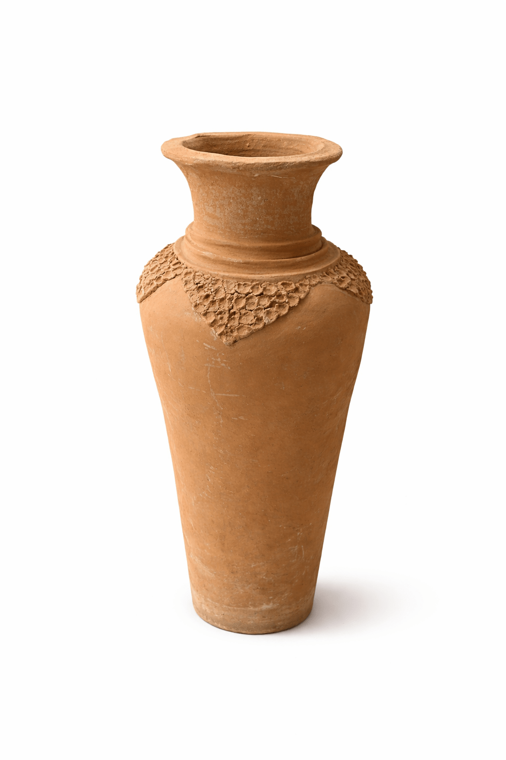 Handcrafted African pottery vase with textured relief surface and decorative detail in natural clay