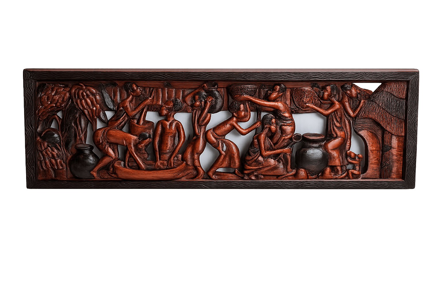 African mahogany carved wall panel photographed at an angle showing the depth of the relief carving and rich wood tones