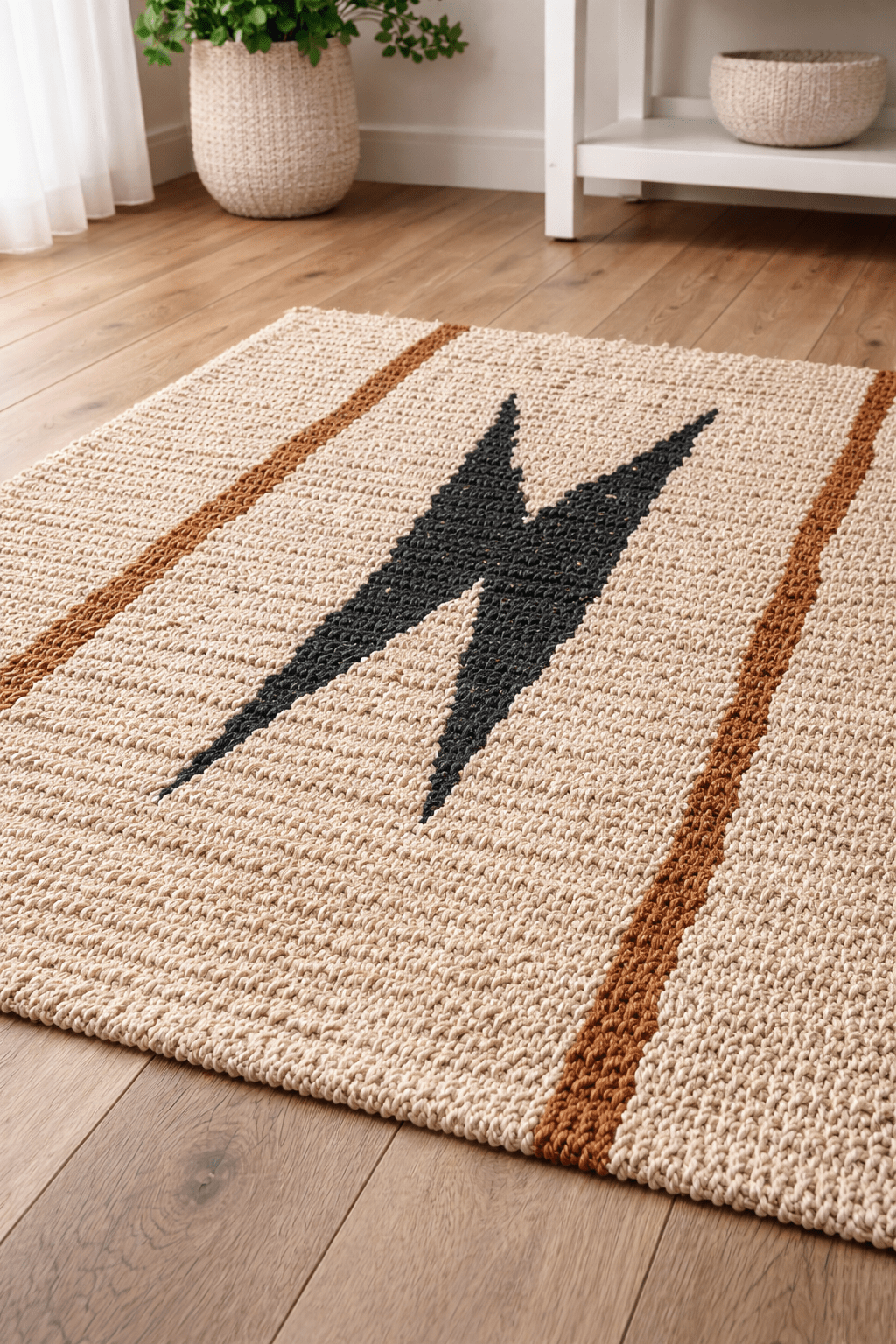 Handwoven African runner rug with black diamond motif and brown stripe accents on natural fibre, laid on a wooden floor