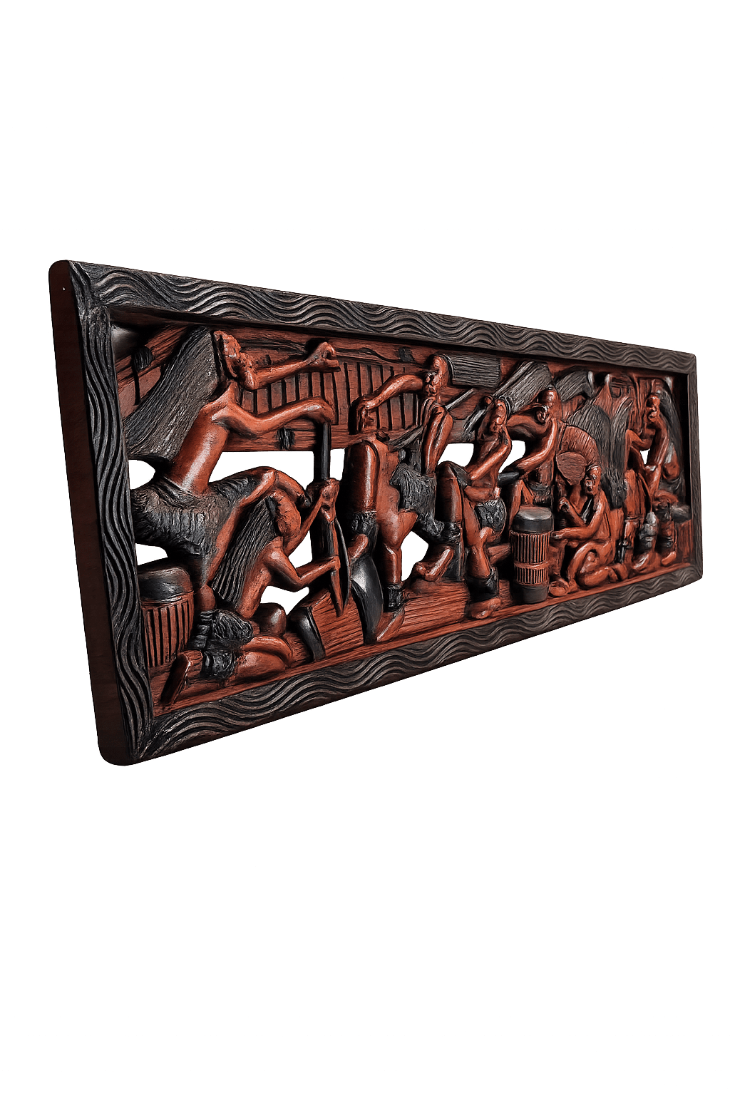Close-up detail of African mahogany wall panel showing deeply carved figures, faces, and traditional scenes in rich dark wood
