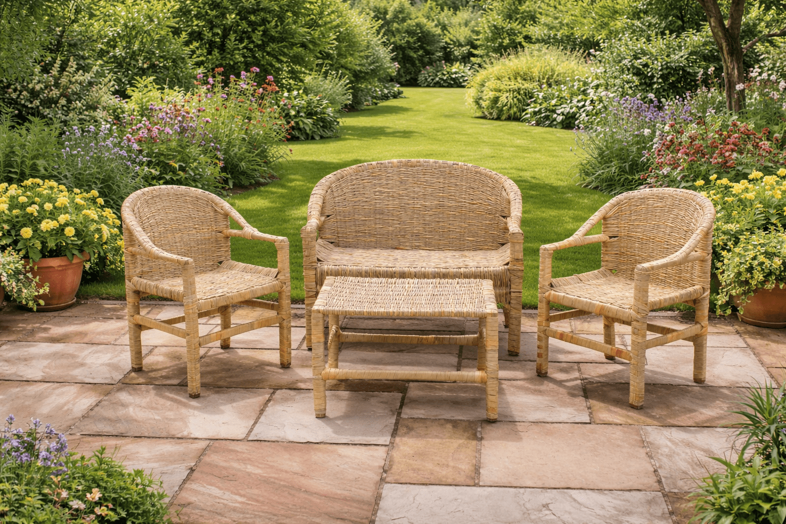 Handmade African garden furniture set on a stone patio surrounded by colourful flower borders in a British summer garden