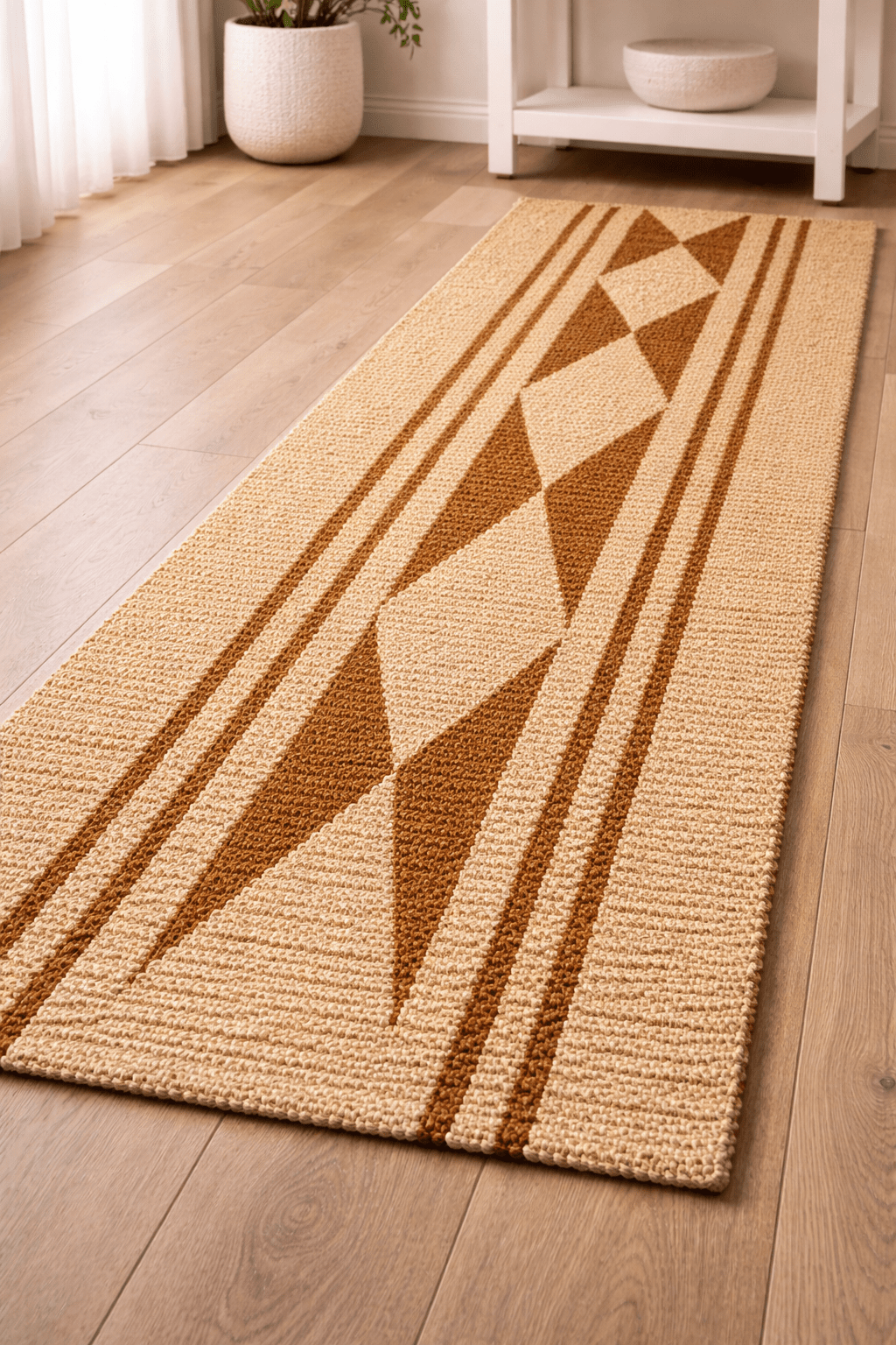 Handwoven African rug with brown diamond pattern on natural fibre, artisan craft