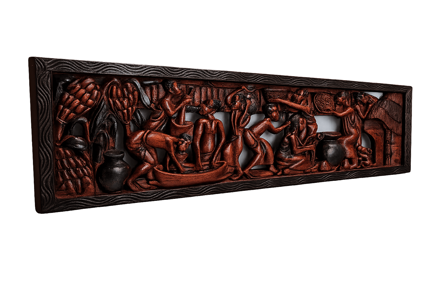 Full view of a handcrafted African mahogany carved wall panel showing the complete scene with figures, animals, and traditional motifs