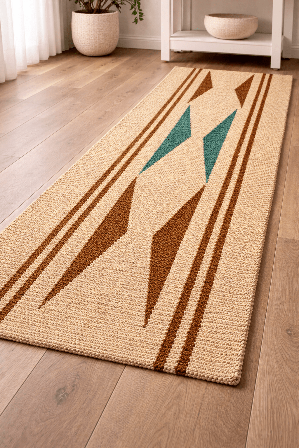 Handwoven African rug with teal and brown diamond pattern on natural fibre, artisan craft