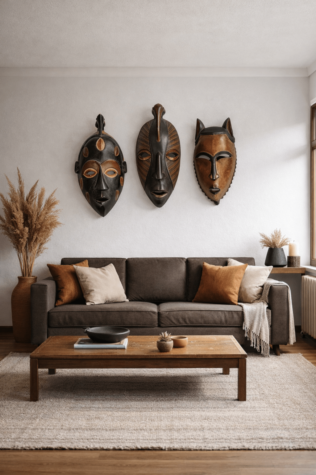 African masks displayed as wall art in a styled interior, showing how multiple masks create a dramatic gallery effect