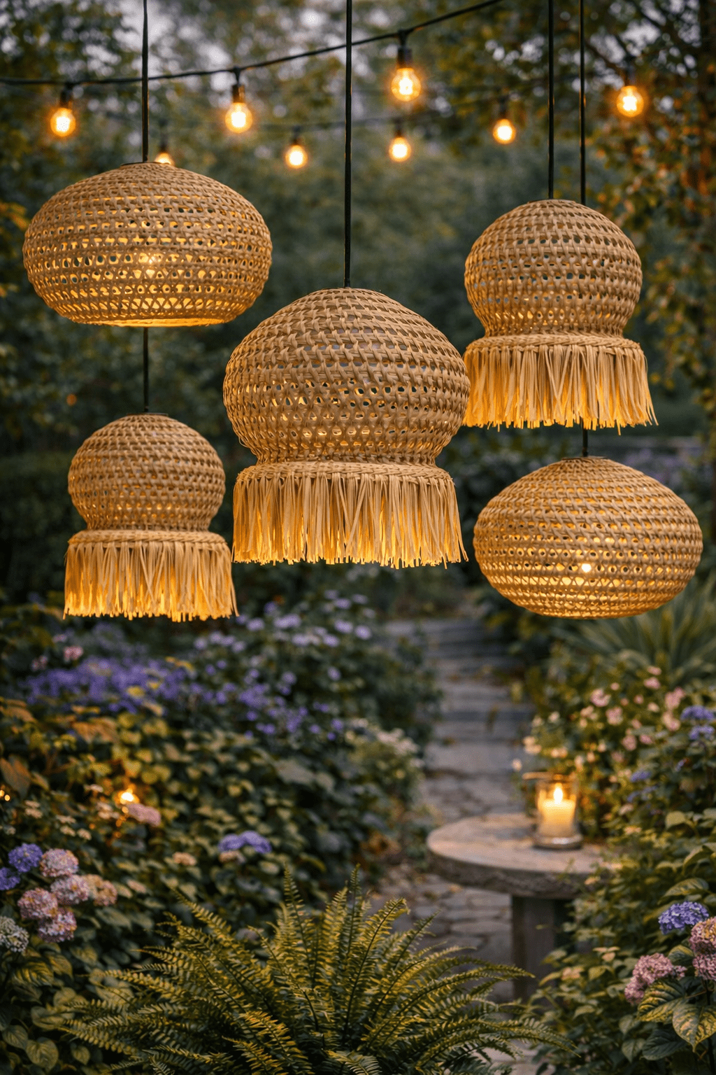 Handcrafted African woven lampshades glowing warmly in an evening garden with fairy lights and lush planting