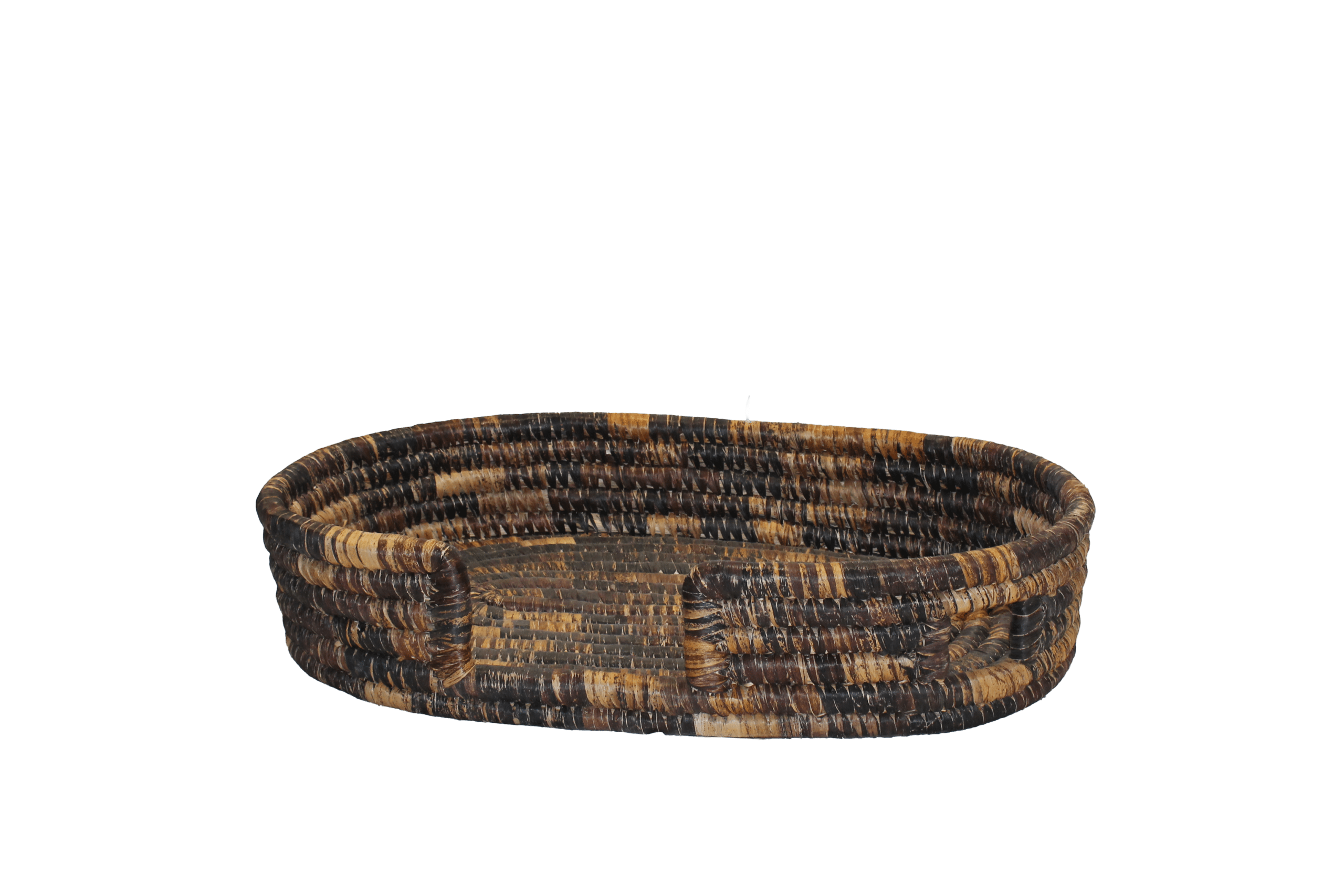 Handmade African pet bed, woven from natural materials with a rich mosaic pattern, suitable for dogs and cats