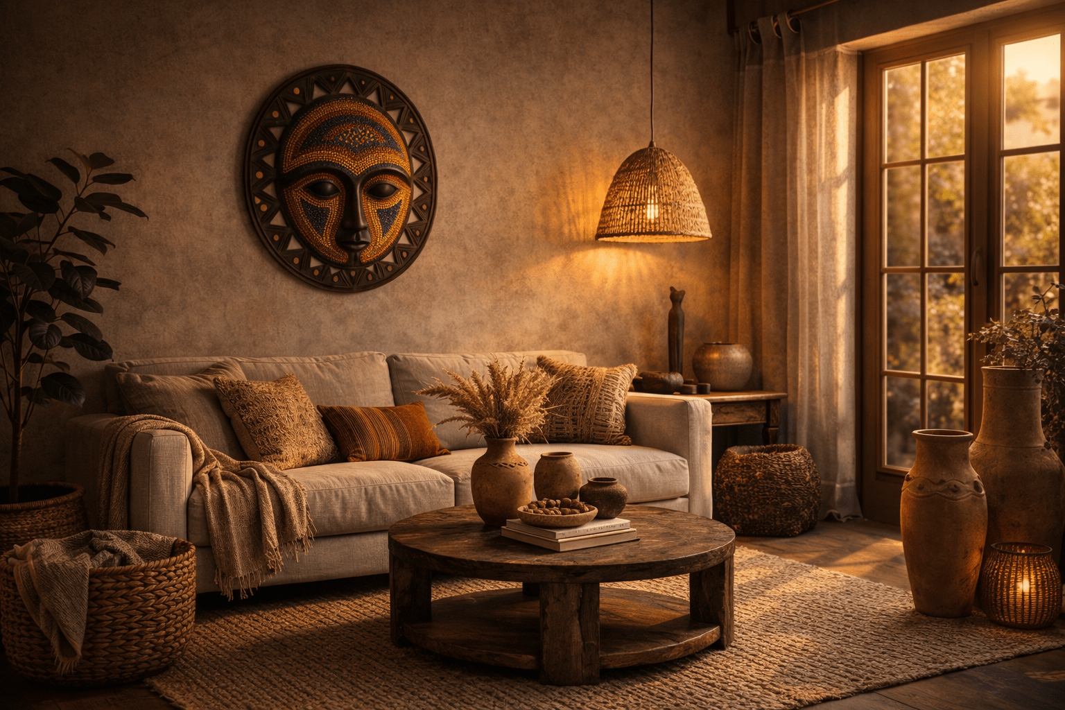 Afrohemian styled living room with beaded African mask on wall, woven lampshade, handwoven baskets, pottery vases, and warm golden hour lighting