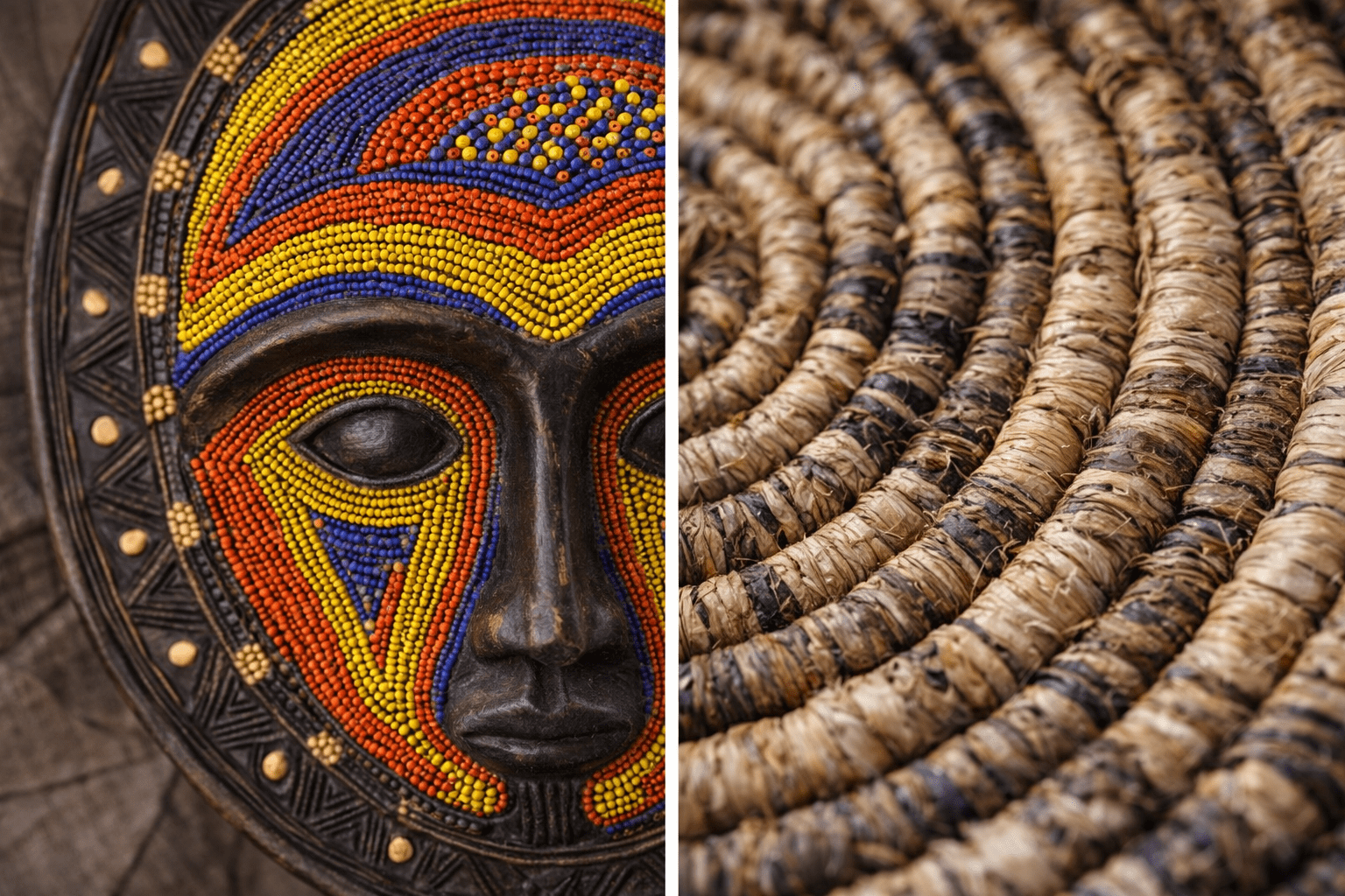 Close-up detail of a beaded African mask with vibrant red, yellow, and blue patterns alongside the spiral texture of handwoven natural fibres