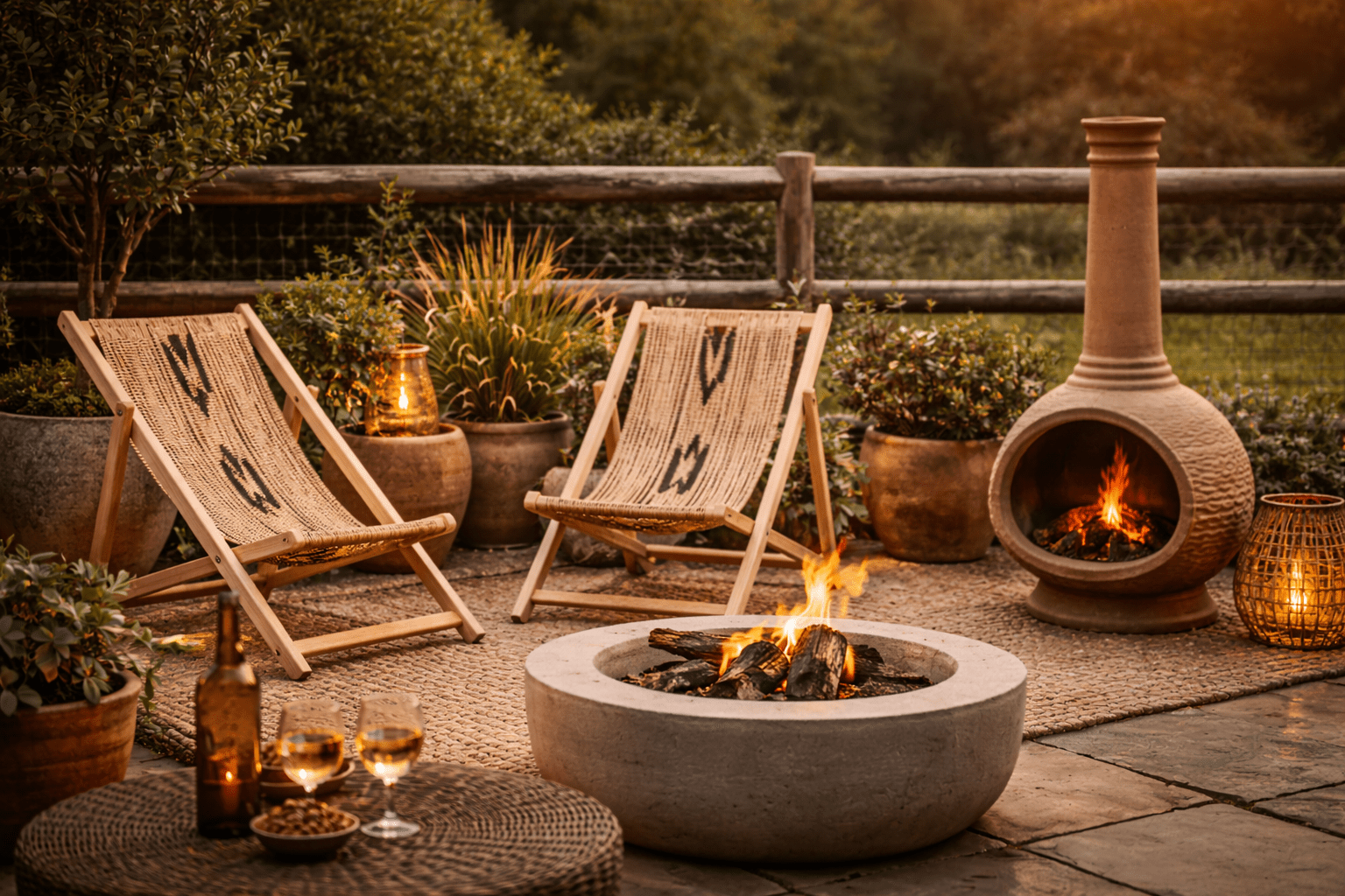 Afrohemian garden styling with handmade woven recliner chairs, fire pit, chiminea, pottery planters, and woven lanterns at golden hour on a British patio