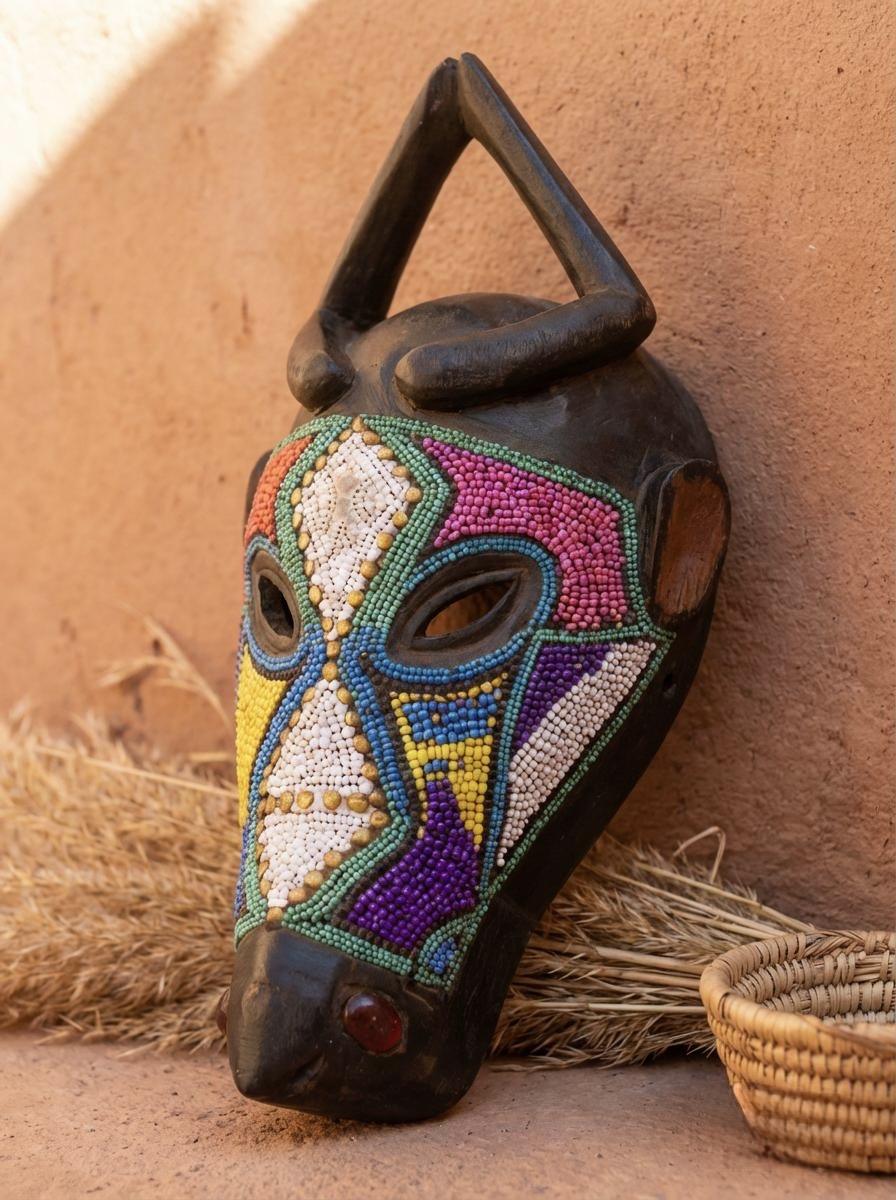 Hand-carved African masks displayed on a wall in a warm interior setting, showing the dramatic effect of masks paired with ambient lighting