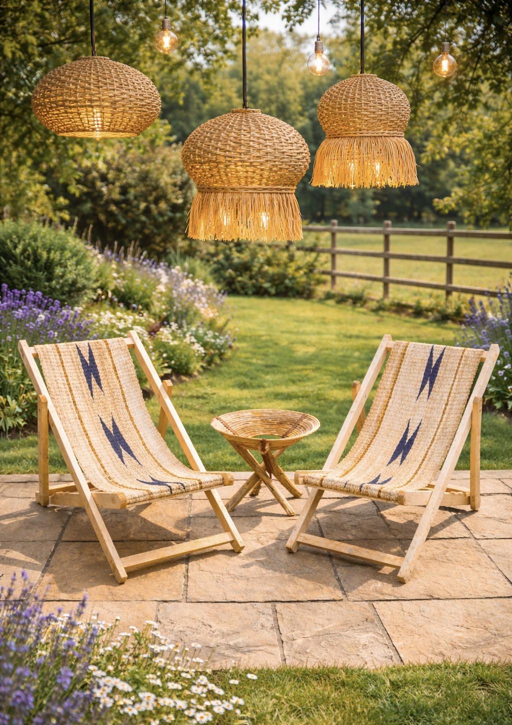 Two handmade African recliner chairs with woven lampshades overhead on a countryside stone patio at golden hour