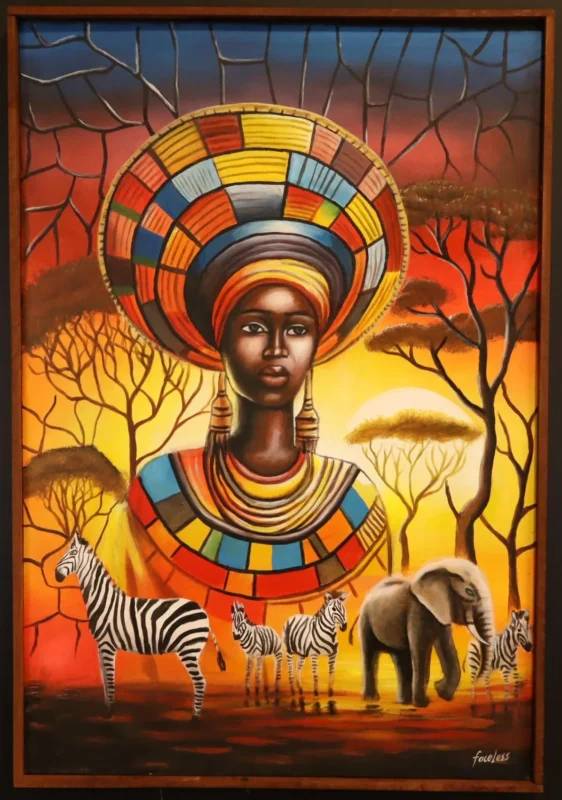 Guardian of the Savanna – African Woman & Wildlife Framed Painting Art dimensions guide