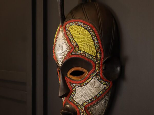 Golden Bird Guardian Mask – African Beaded Wall Décor