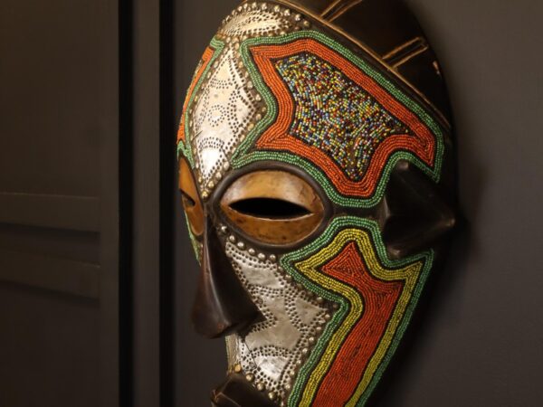 Silver Flame Mask – African Beaded Wall Décor