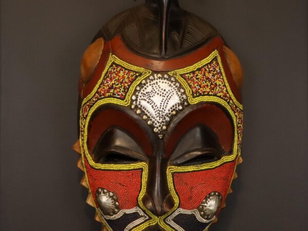 Crimson Bird Guardian Mask – African Beaded Wall Décor