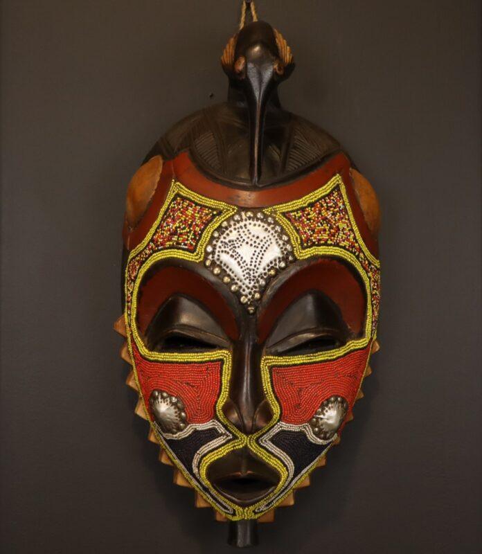 Crimson Bird Guardian Mask – African Beaded Wall Décor dimensions guide