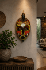 Crimson Bird Guardian Mask – African Beaded Wall Décor